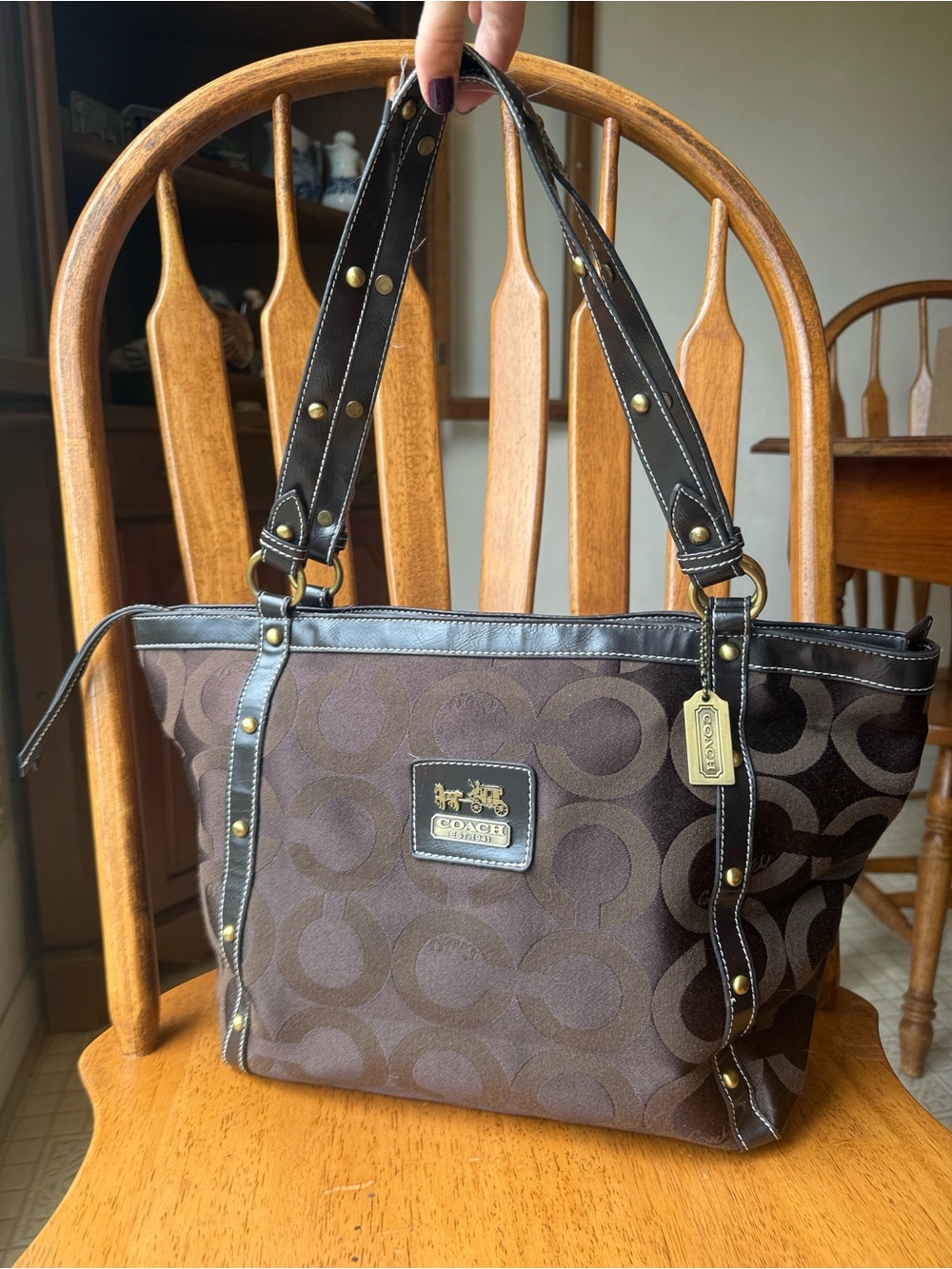 Vintage Coach Brown Signature Canvas Tote Purse with Leather Trim Studded